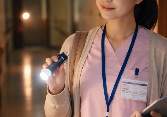 懐中電灯を持つスタッフ